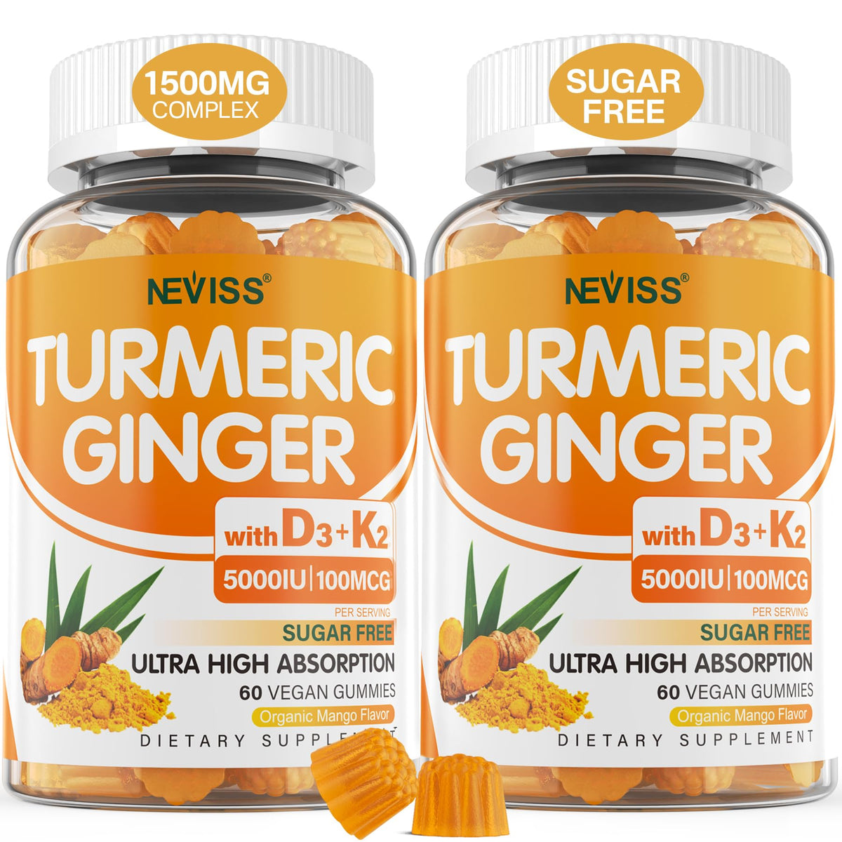 NEVISS sugar-free turmeric ginger gummies bottle with vitamin D3 and K2 for bone support.