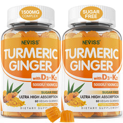 NEVISS sugar-free turmeric ginger gummies bottle with vitamin D3 and K2 for bone support.