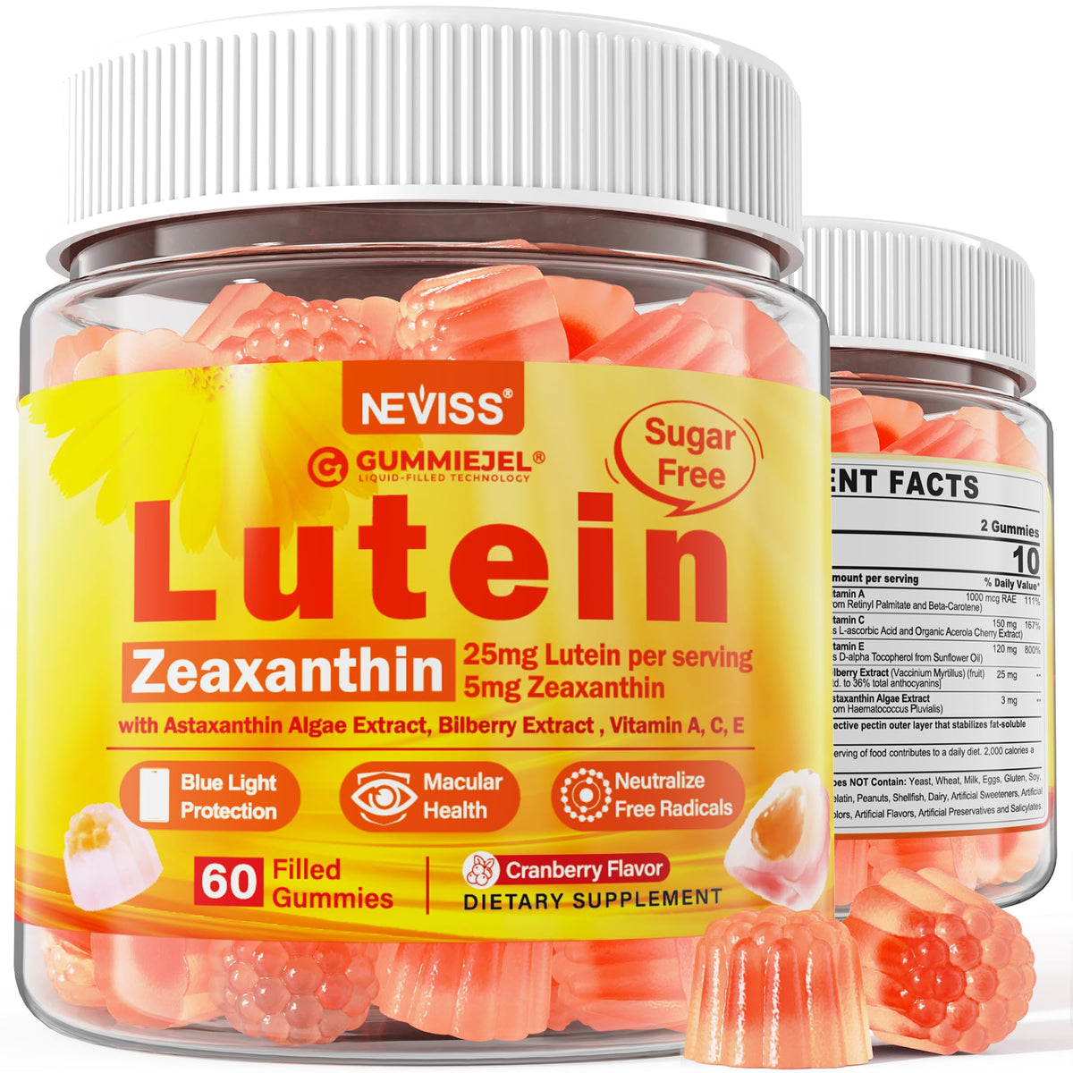 NEVISS bottle front showing sugar-free gummies for eye support.