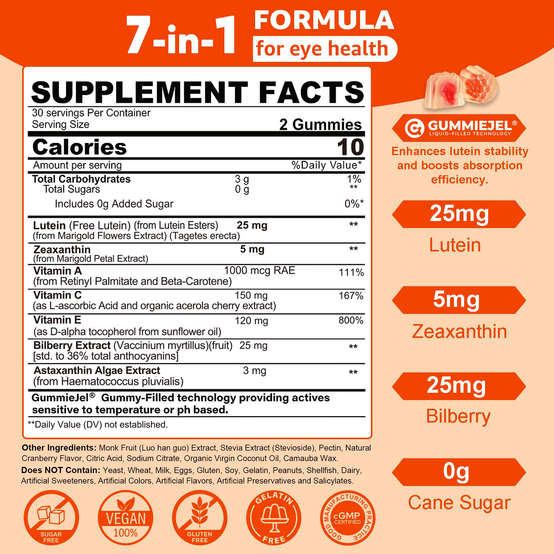 NEVISS bottle side view highlighting 60 vegan gummies for eye health.