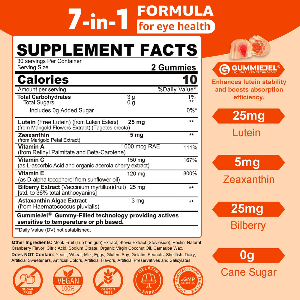 NEVISS bottle side view highlighting 60 vegan gummies for eye health.
