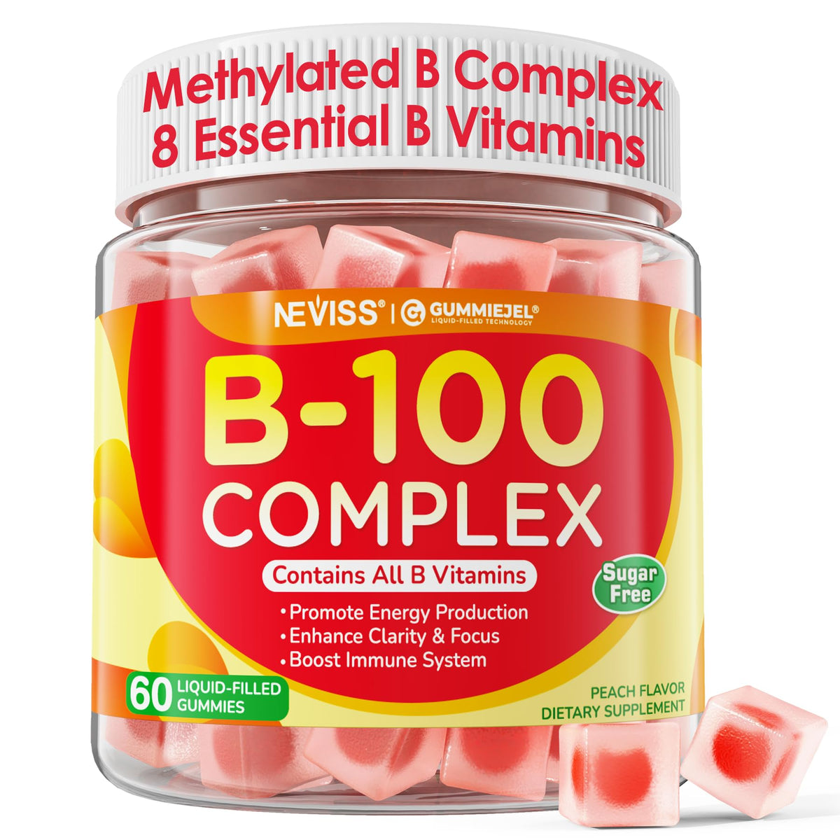 NEVISS Super Vitamin B Complex Gummies bottle with bright label for energy support.