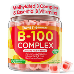 NEVISS Super Vitamin B Complex Gummies bottle with bright label for energy support.
