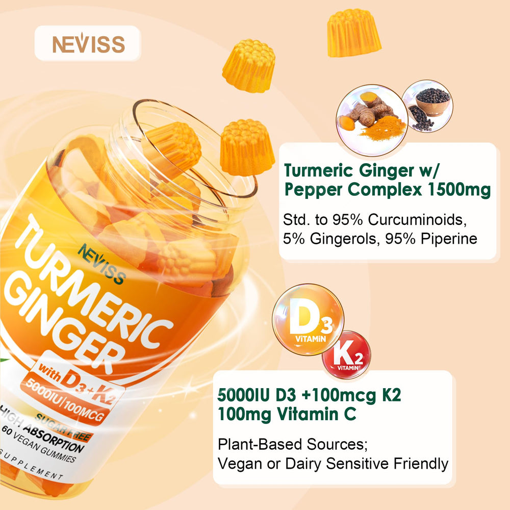 NEVISS gummies label shows 5000 IU D3 and 100 mcg K2 MK-7.