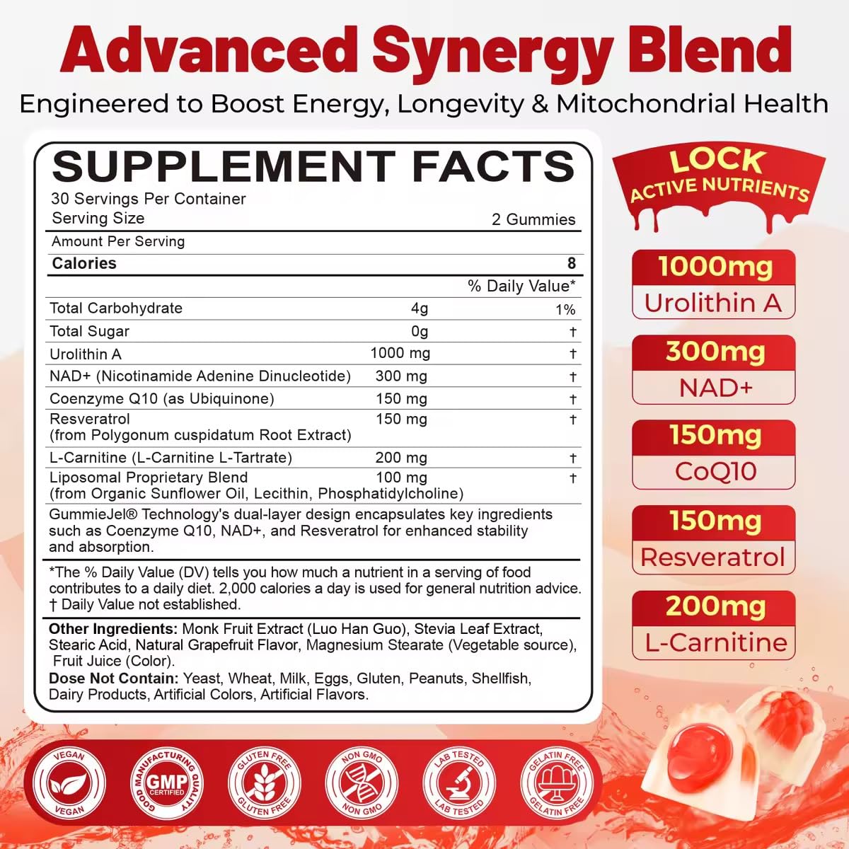 NEVISS Urolithin A gummies bottle back label highlighting vegan formula for daily use.
