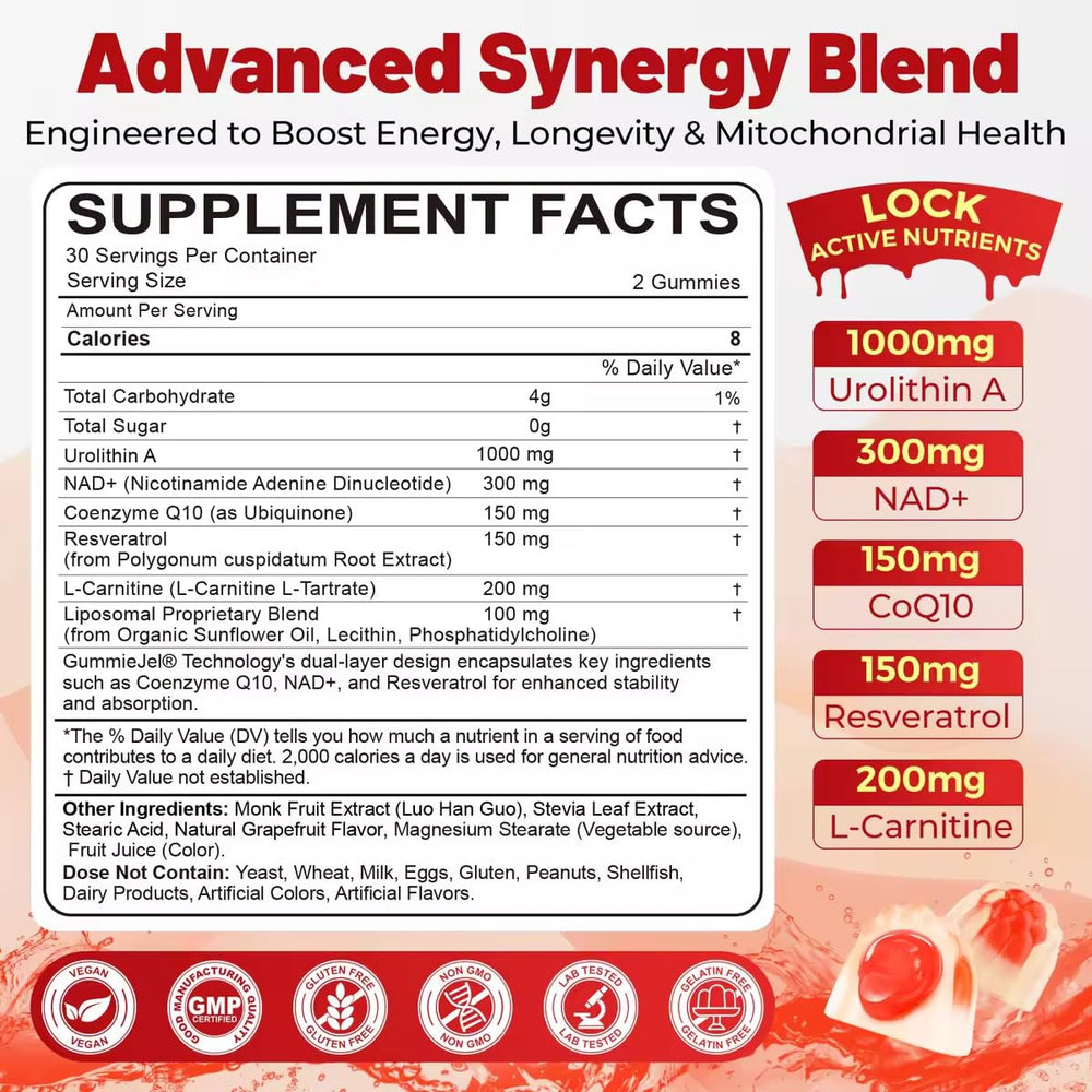 NEVISS Urolithin A gummies bottle back label highlighting vegan formula for daily use.