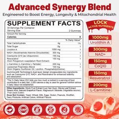 NEVISS Urolithin A gummies bottle back label highlighting vegan formula for daily use.