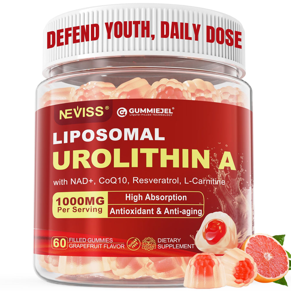 NEVISS Urolithin A gummies bottle front for daily energy support.