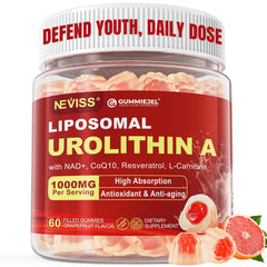 NEVISS Urolithin A gummies bottle front for daily energy support.