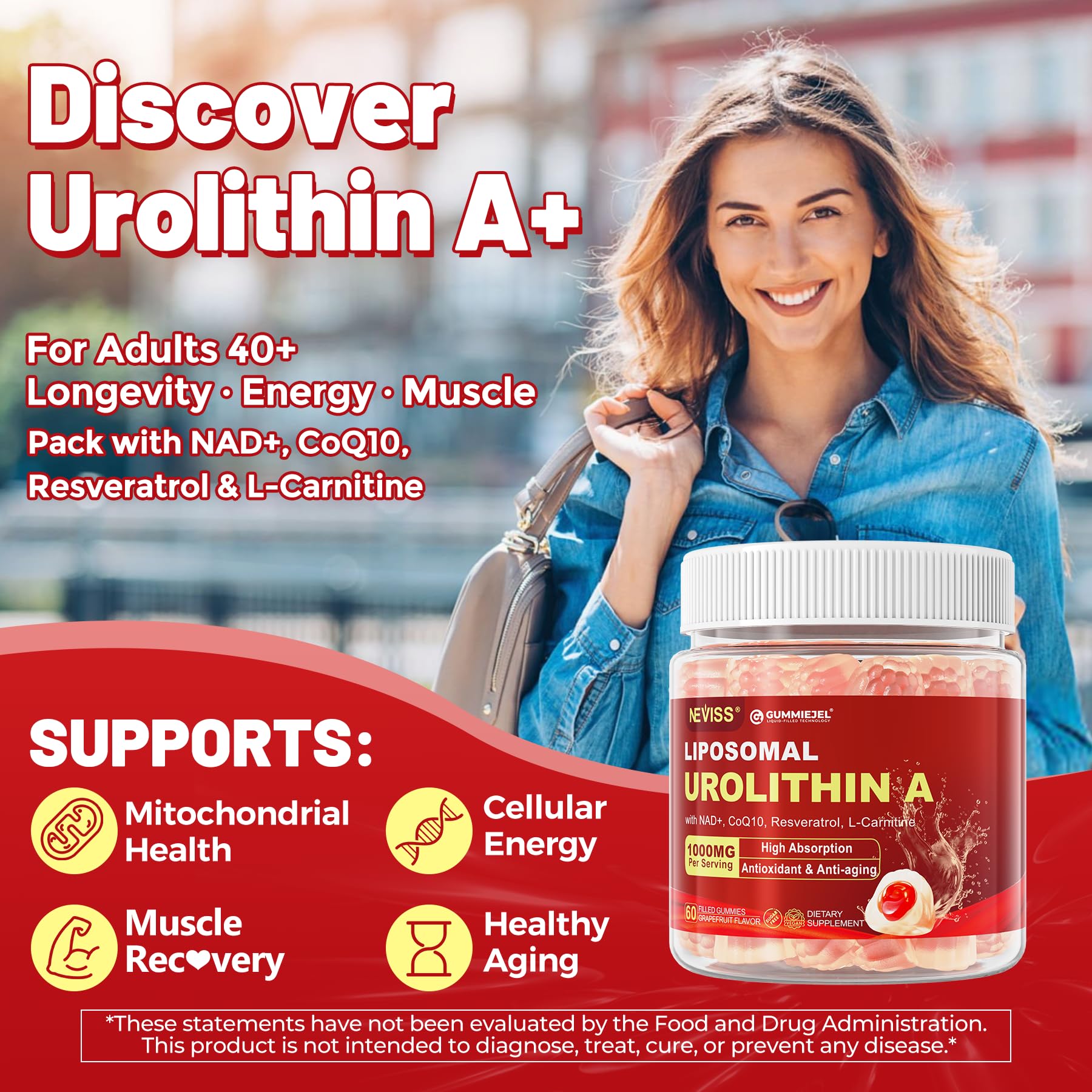 NEVISS Urolithin A gummies close-up with bright colors for fresh vitality.