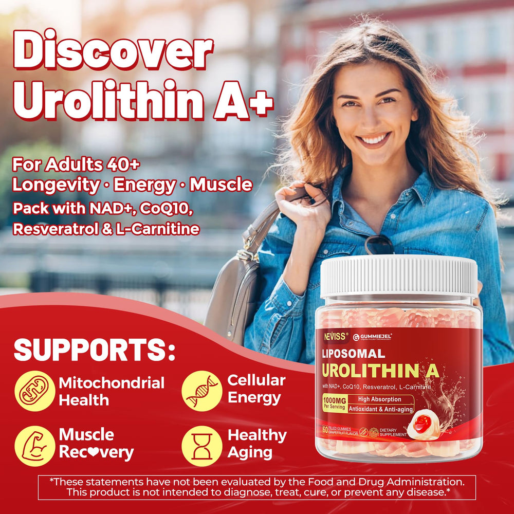 NEVISS Urolithin A gummies close-up with bright colors for fresh vitality.