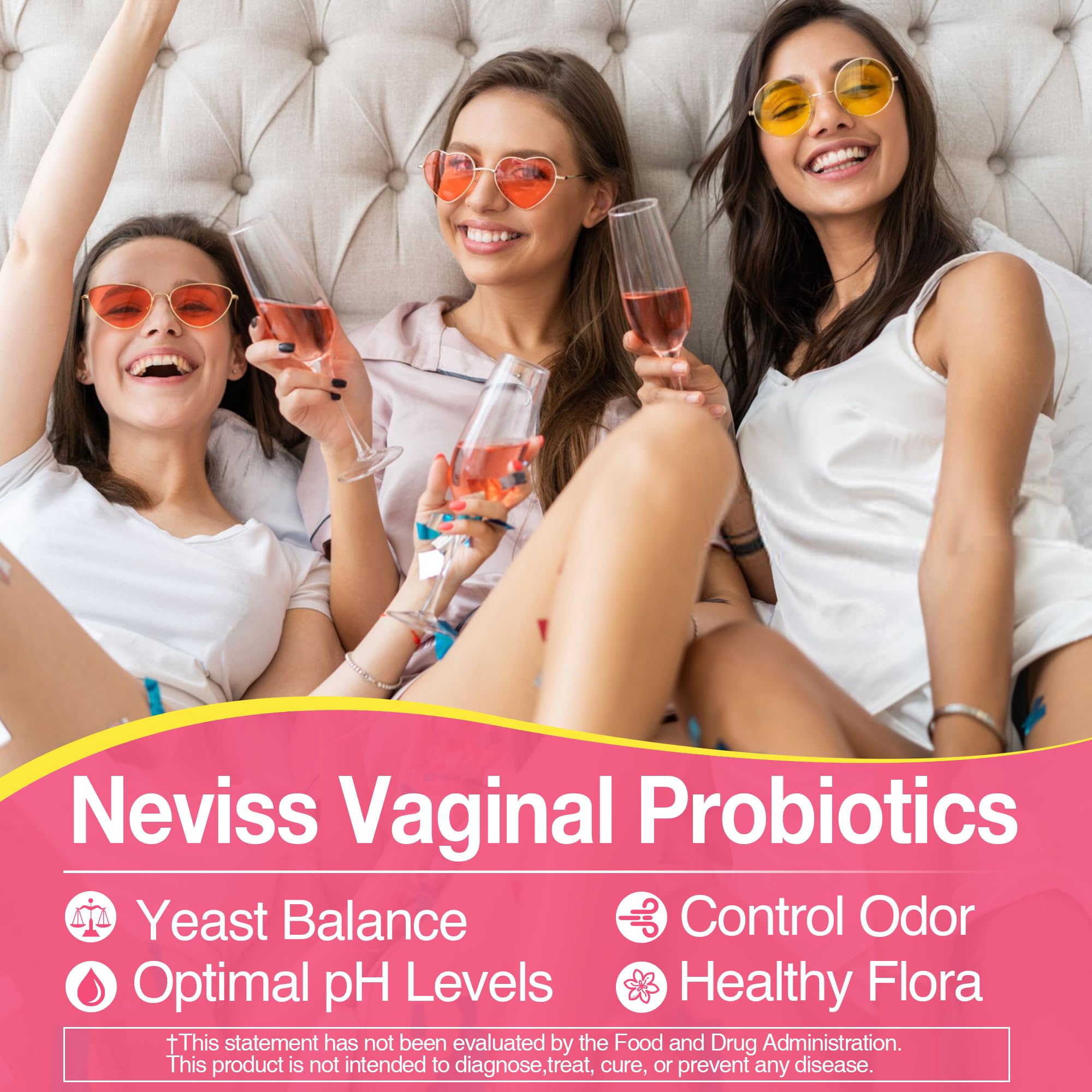 NEVISS 50B CFU probiotic blend visual indicating strong vaginal health support.