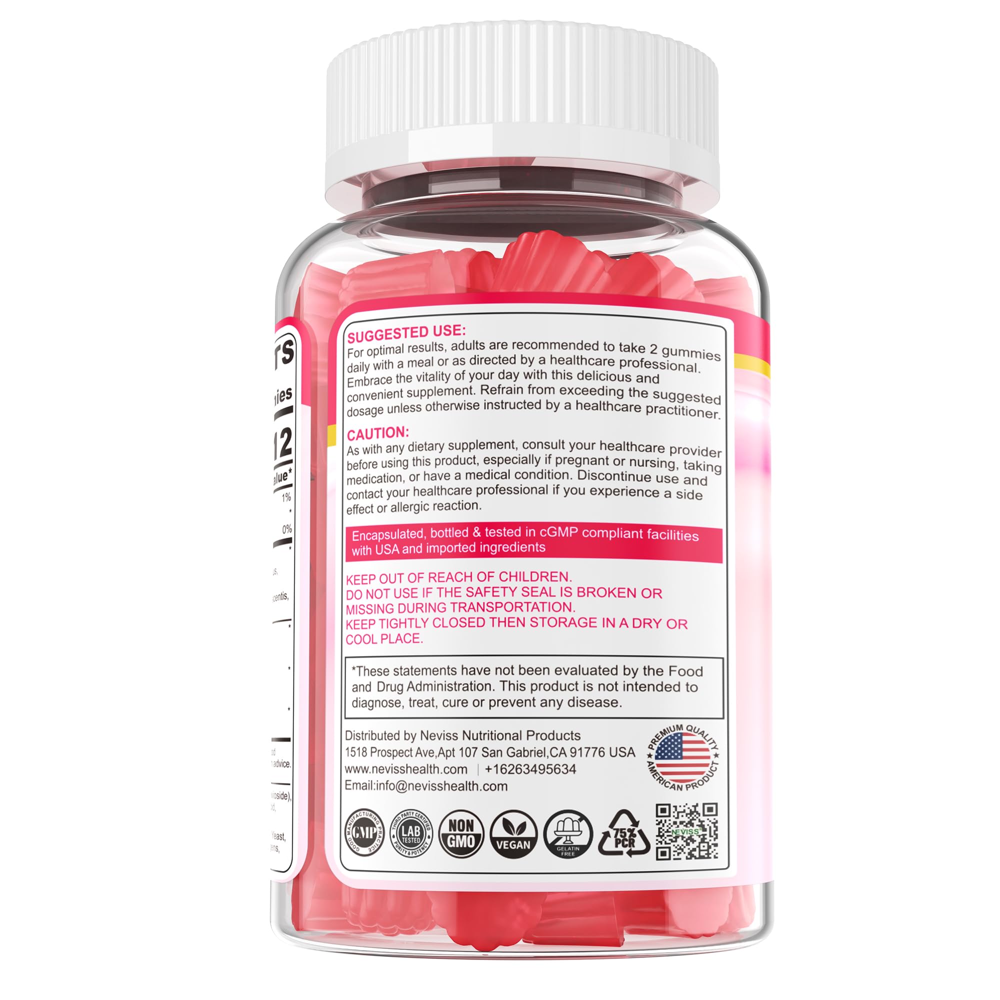 NEVISS label highlights vegan, non-GMO, gluten-free attributes.