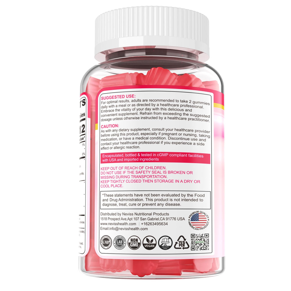 NEVISS label highlights vegan, non-GMO, gluten-free attributes.