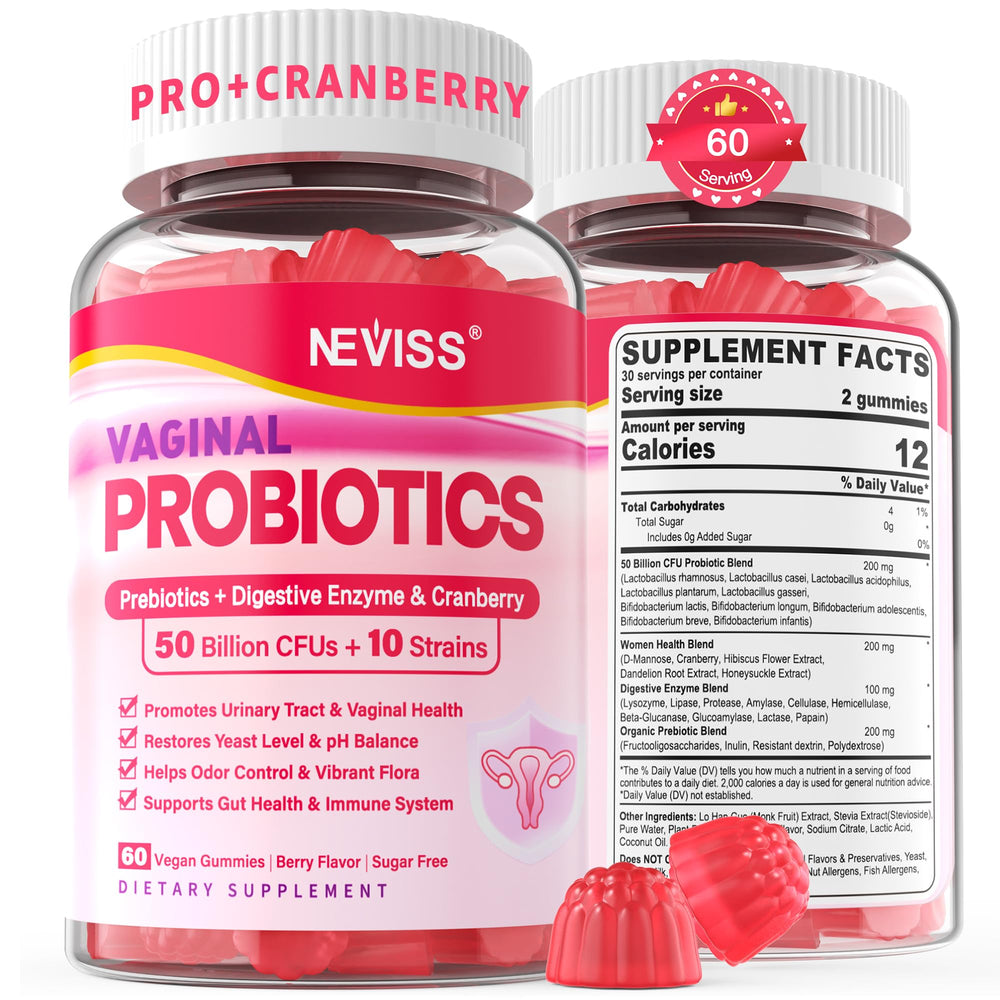 NEVISS vaginal probiotics gummies packshot promoting balanced intimate wellness.