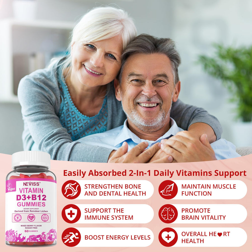 NEVISS vegan D3 + B12 gummies berry flavor closeup conveys tasty convenient daily supplementation.