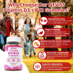 NEVISS vegan D3 + B12 gummies label emphasizes organic vegan ingredients and high potency.