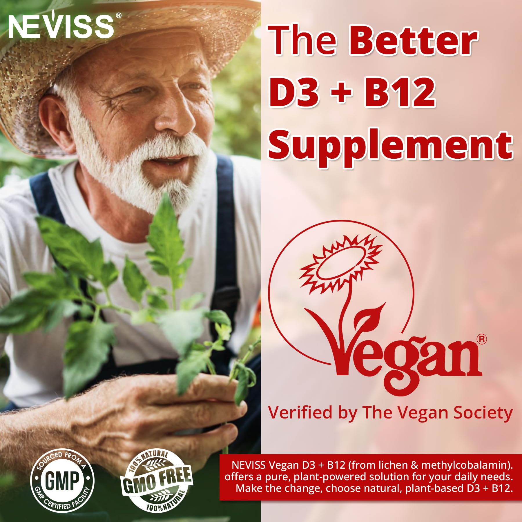 NEVISS vegan D3 + B12 gummies packaging shot highlights sustainable plant-based vitamin choice.