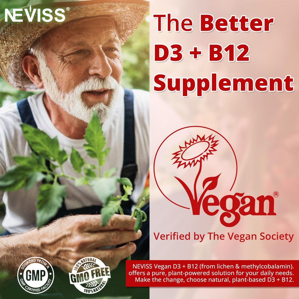 NEVISS vegan D3 + B12 gummies packaging shot highlights sustainable plant-based vitamin choice.