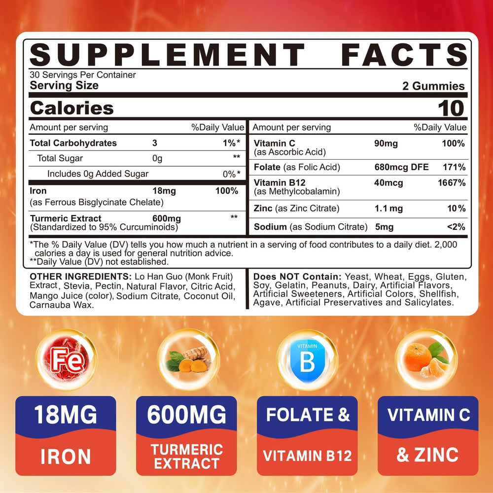 NEVISS Vegan Iron Gummies close-up highlighting vitamin C and B12