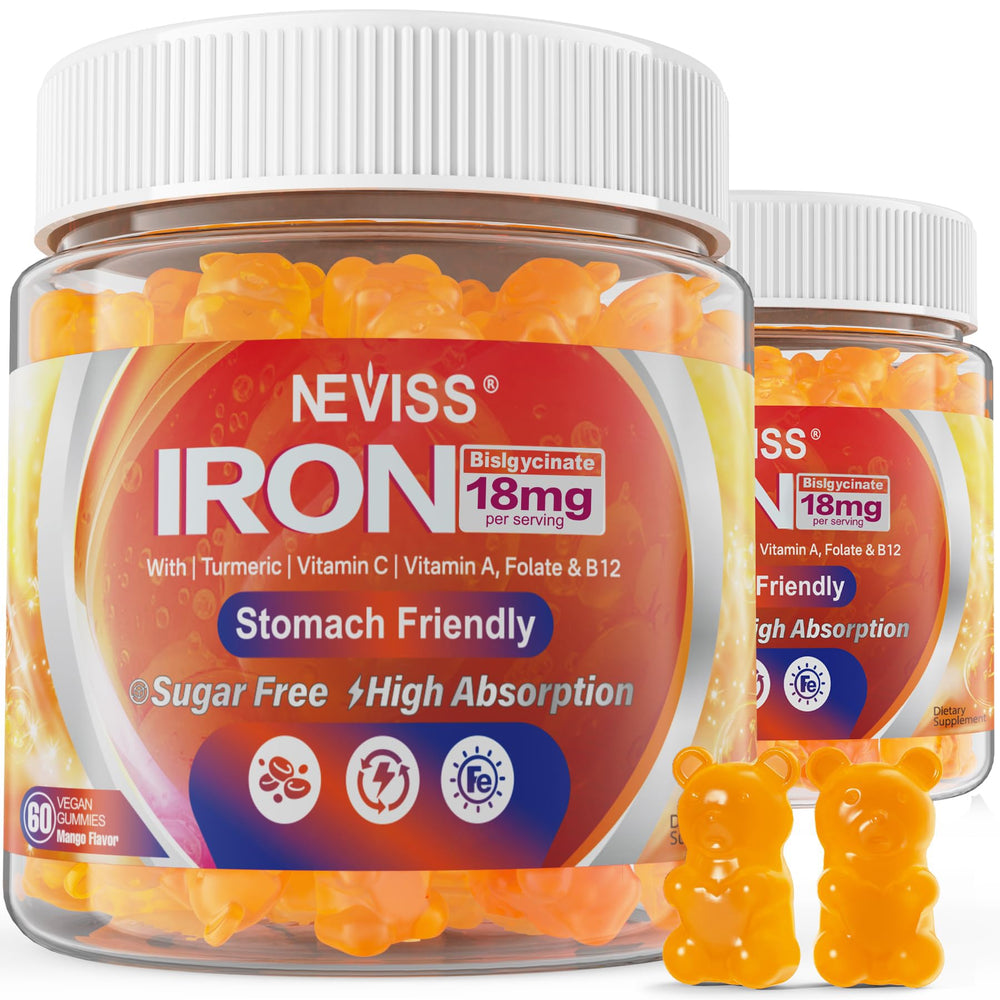 NEVISS Vegan Iron Gummies bottle with mango flavor and 18 mg iron per gummy