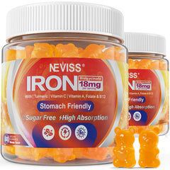 NEVISS Vegan Iron Gummies bottle with mango flavor and 18 mg iron per gummy