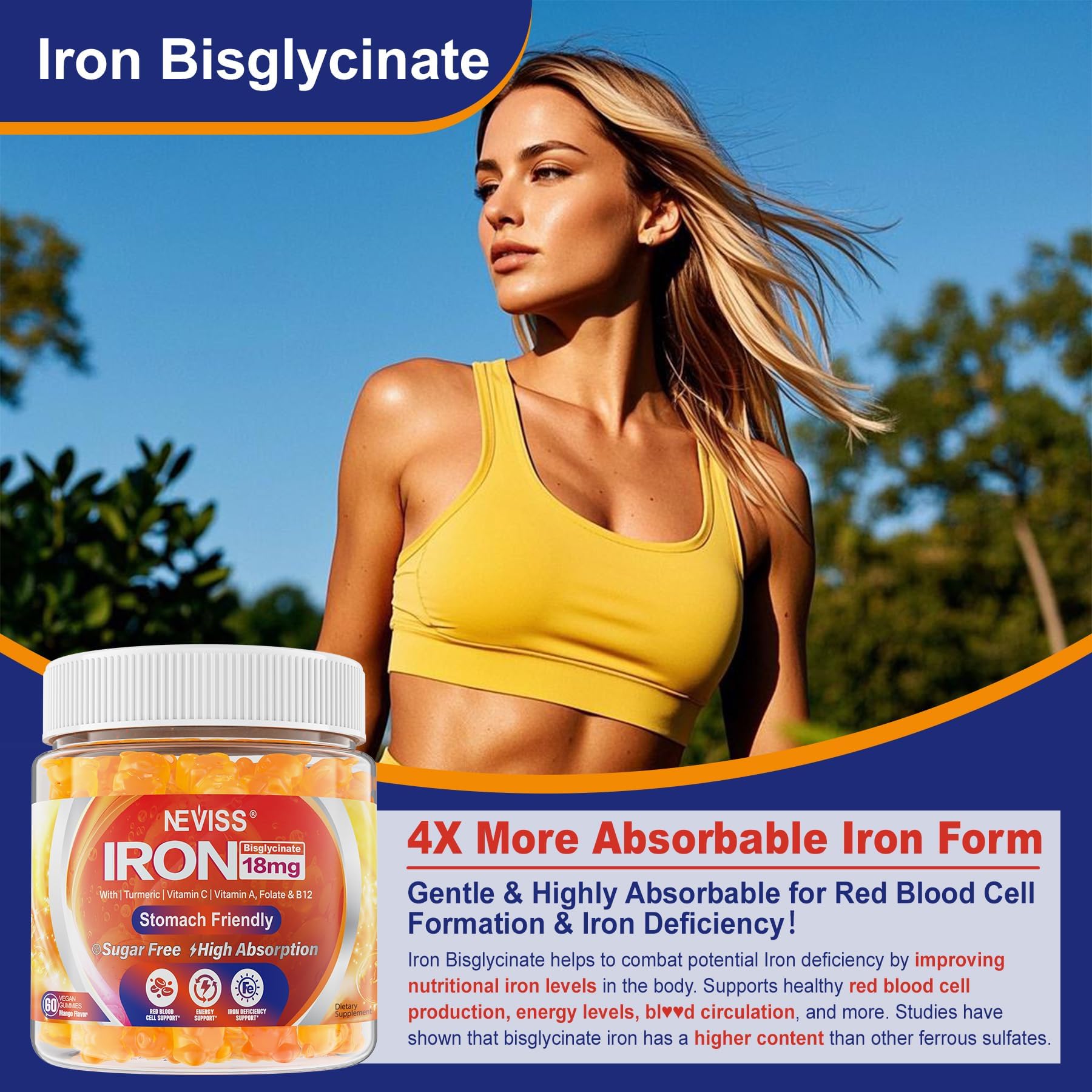 NEVISS Iron Gummies turmeric and folate benefits shown on label