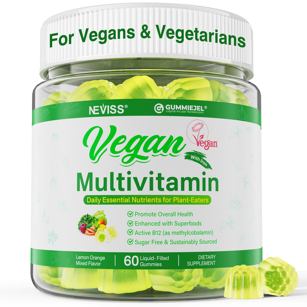 NEVISS vegan multivitamin bottle front for daily plant-based wellness.