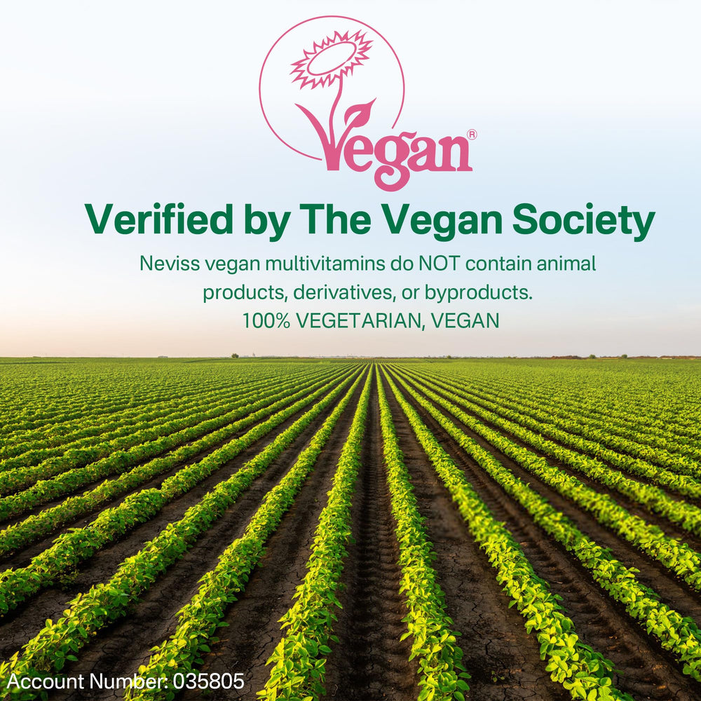 NEVISS label detail highlights Vegan Society certification and clean ingredients.