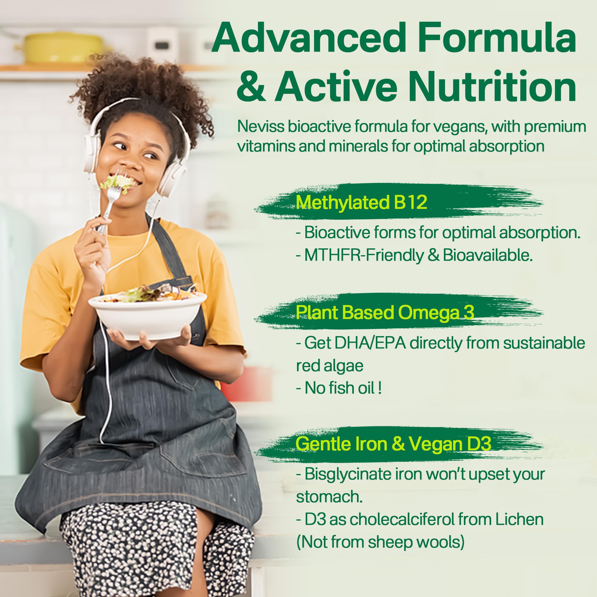NEVISS omega-3 DHA image emphasizes plant-based heart and brain support.