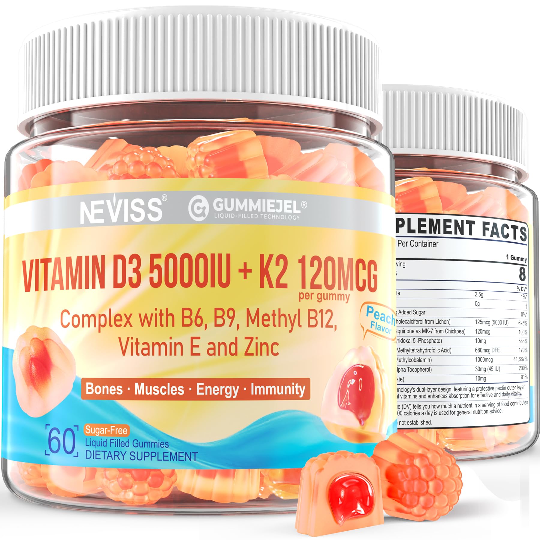 NEVISS Vitamin D3K2 filled gummies bottle with peach flavor for bone support.