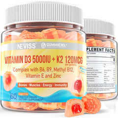 NEVISS Vitamin D3K2 filled gummies bottle with peach flavor for bone support.