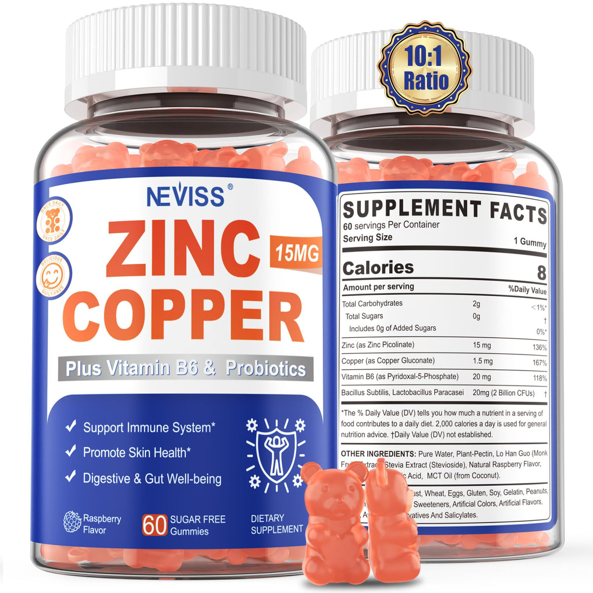 NEVISS zinc-copper balance bottle promoting mineral harmony for immunity and digestion.