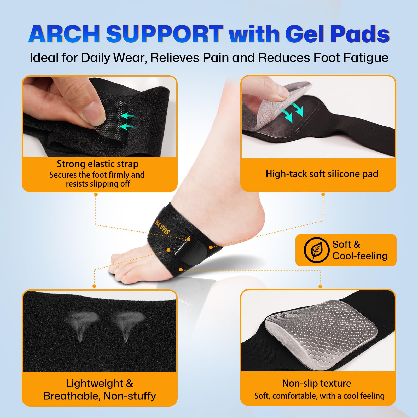 NEVVIS arch support brace all-day comfort with soft fabric and gel cushioning.