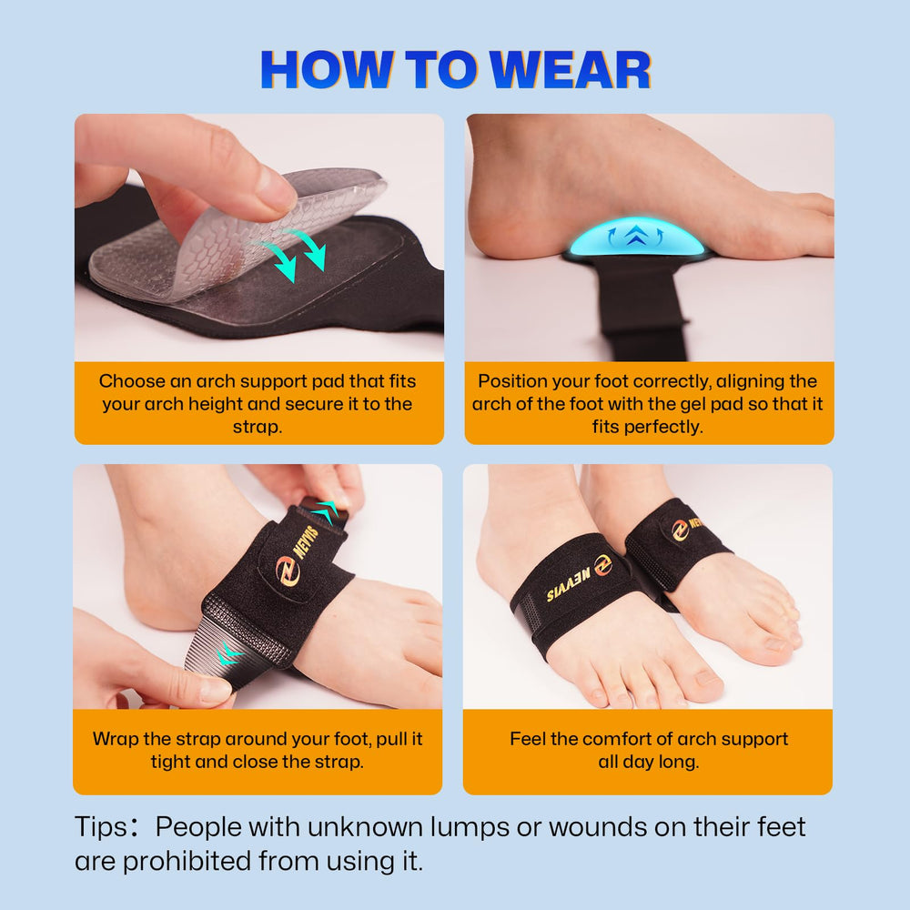 NEVVIS arch support brace fits sandals and casual shoes for discreet support.