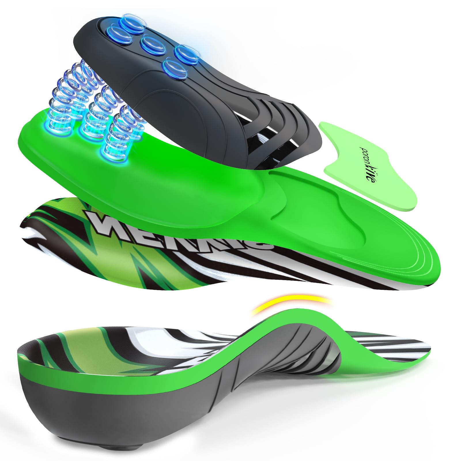 NEVVIS Dynamic Spring insole with a rigid heel cup for stability and shock absorption.