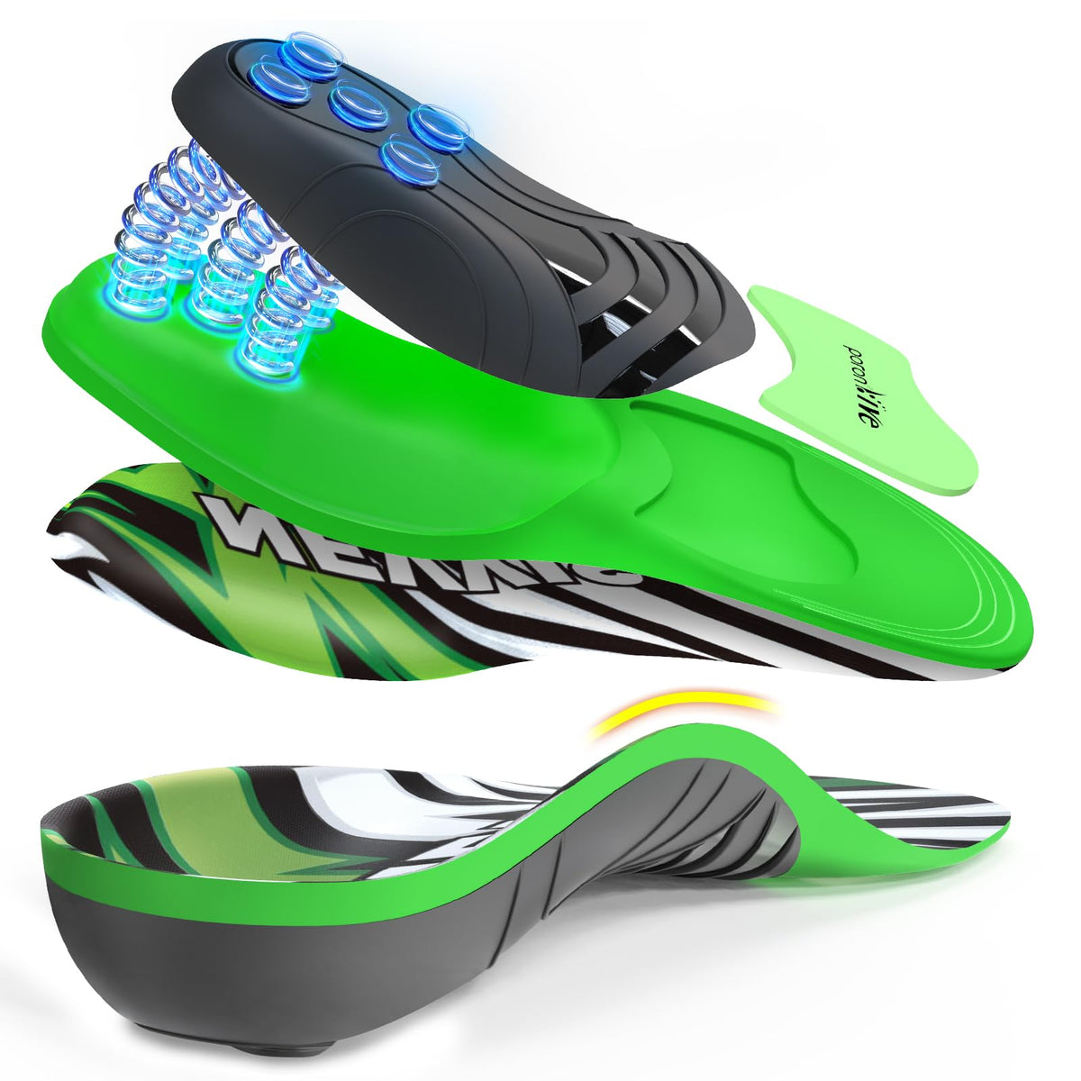 NEVVIS Dynamic Spring insole with a rigid heel cup for stability and shock absorption.