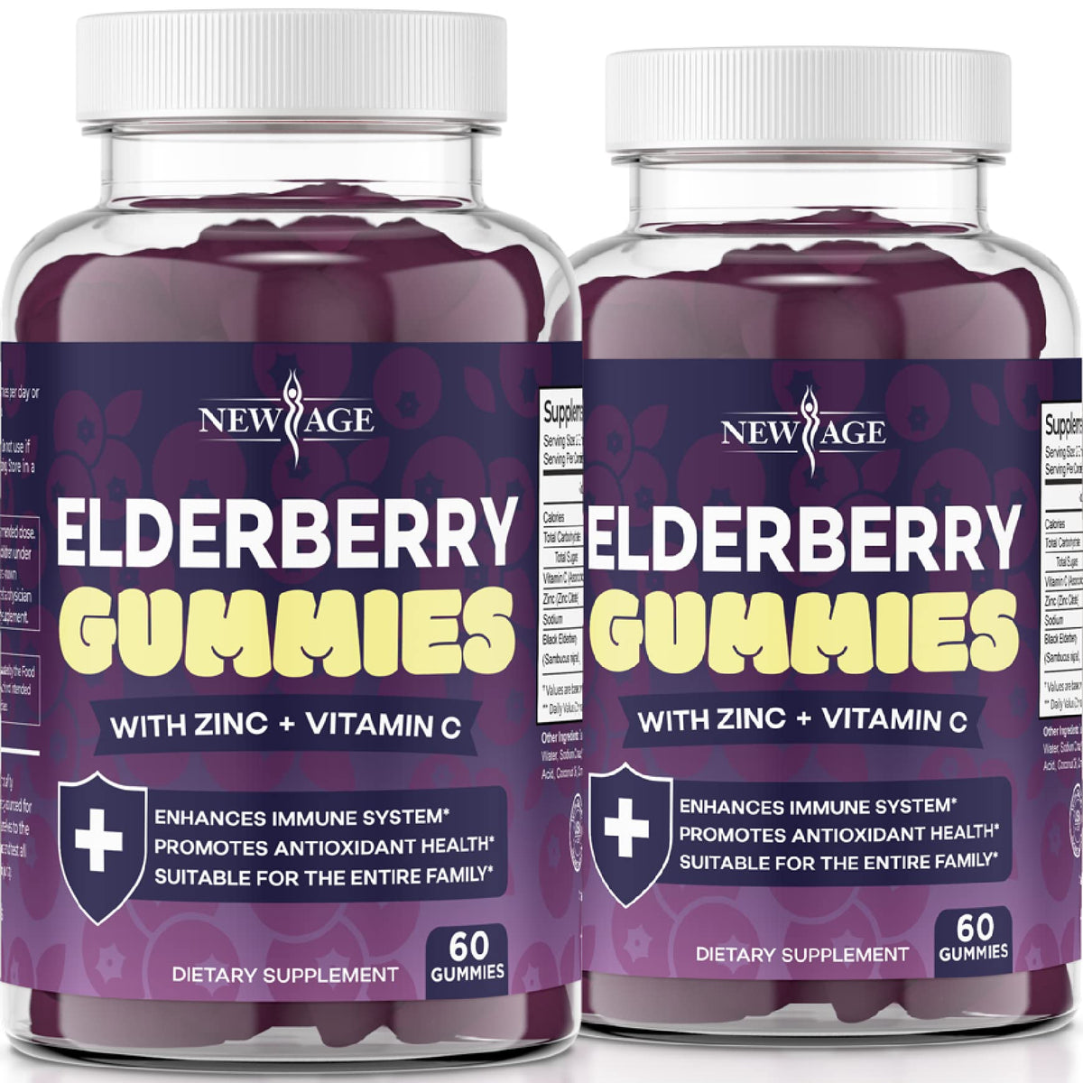 NEW AGE 2-pack elderberry gummies bottle supports daily family wellness.