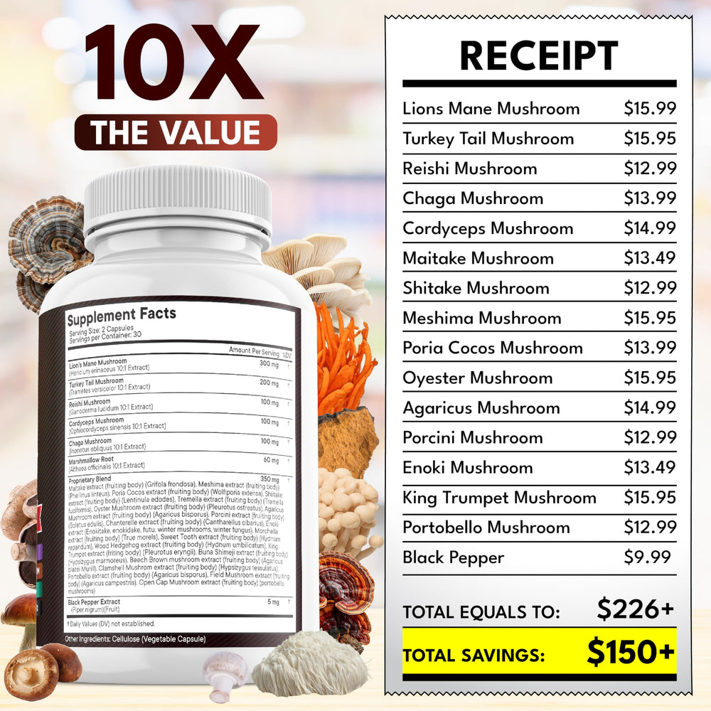 NEW AGE 20-in-1 mushroom supplement bottle displaying diverse extract options.