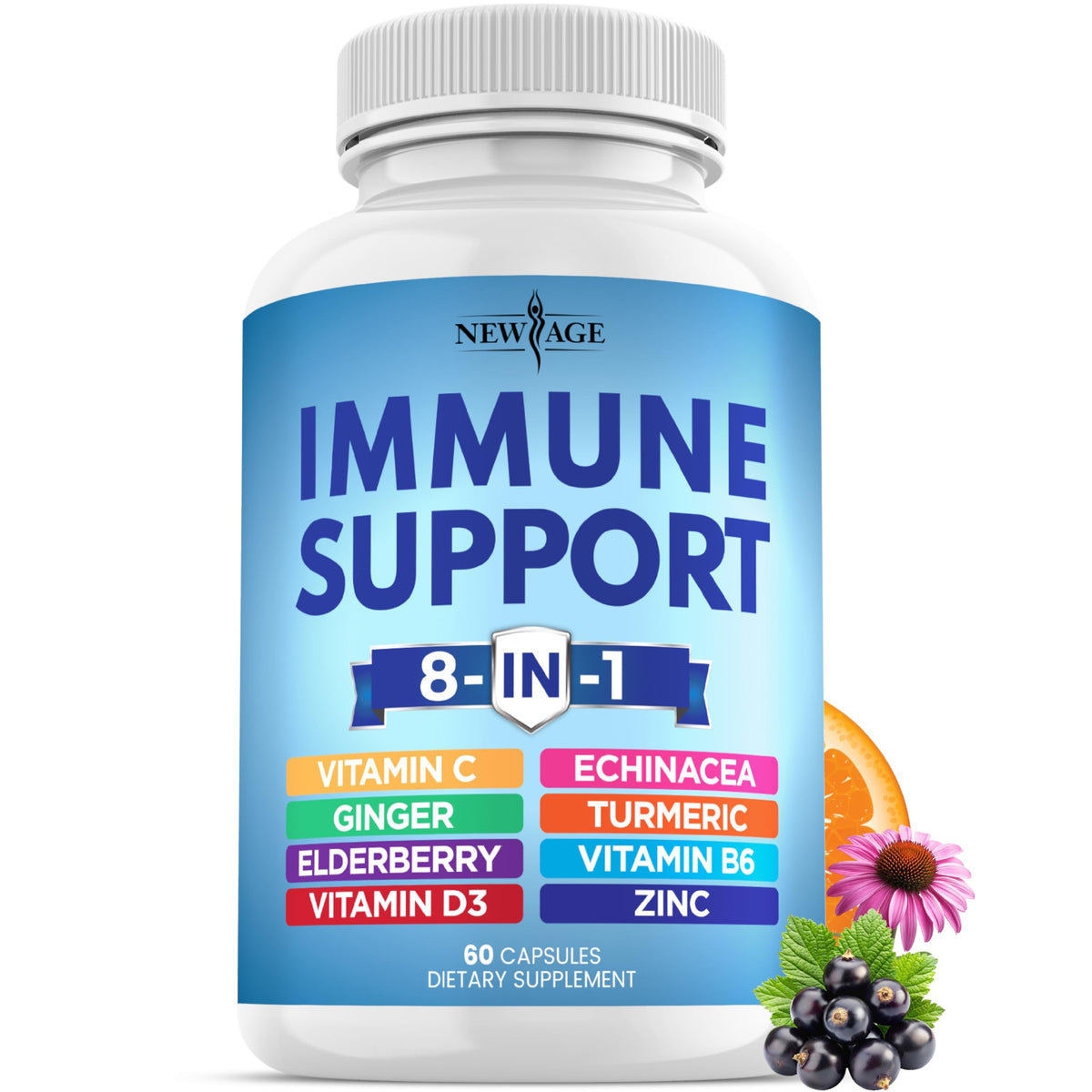 NEW AGE 8 in 1 immune booster bottle front view highlighting the label for daily wellness.