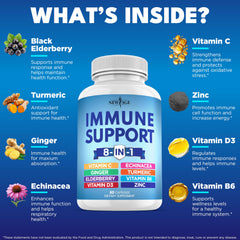 NEW AGE 8 in 1 immune booster bottle side view showing capsule count and packaging.