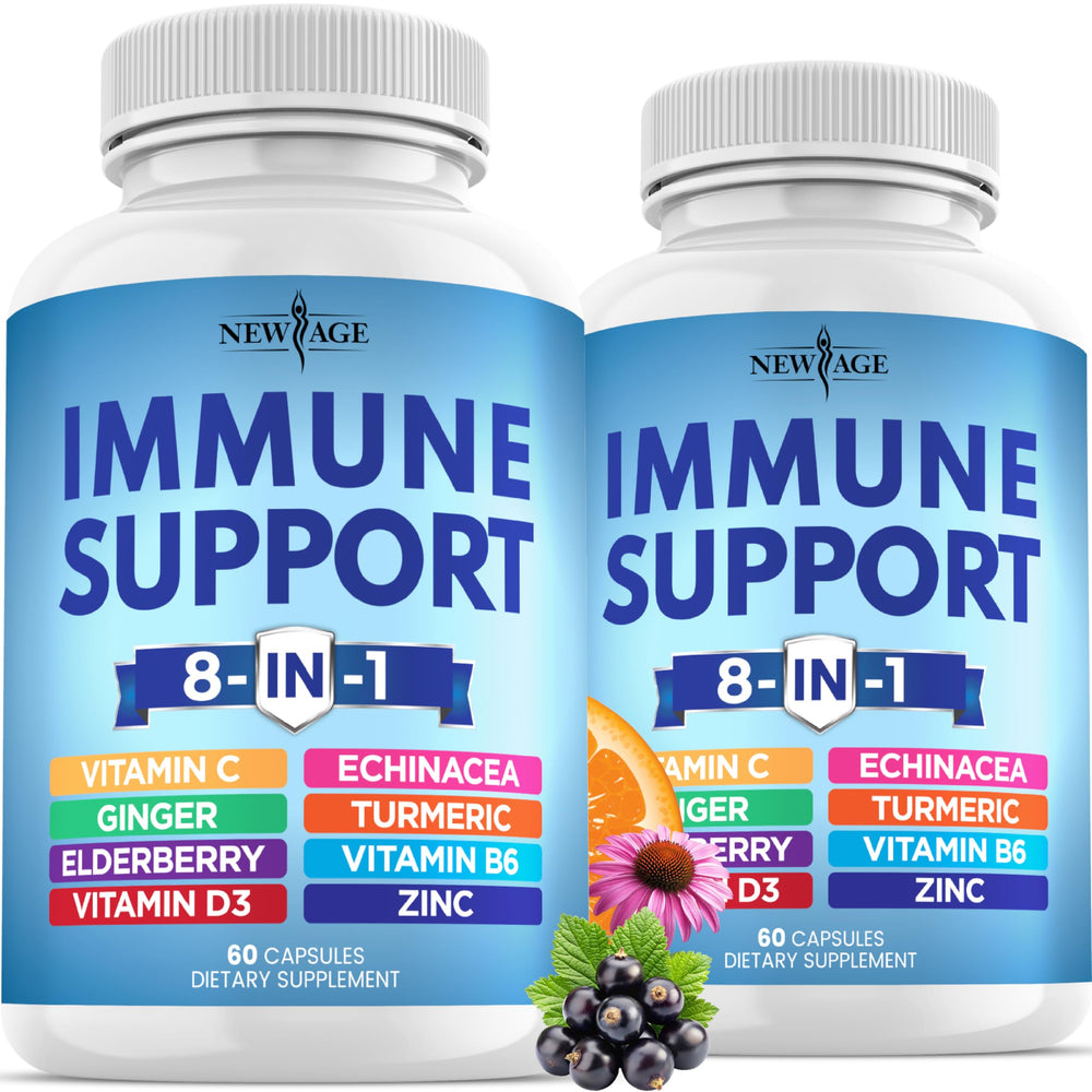 NEW AGE 8-in-1 immune bottle front promoting daily wellness.