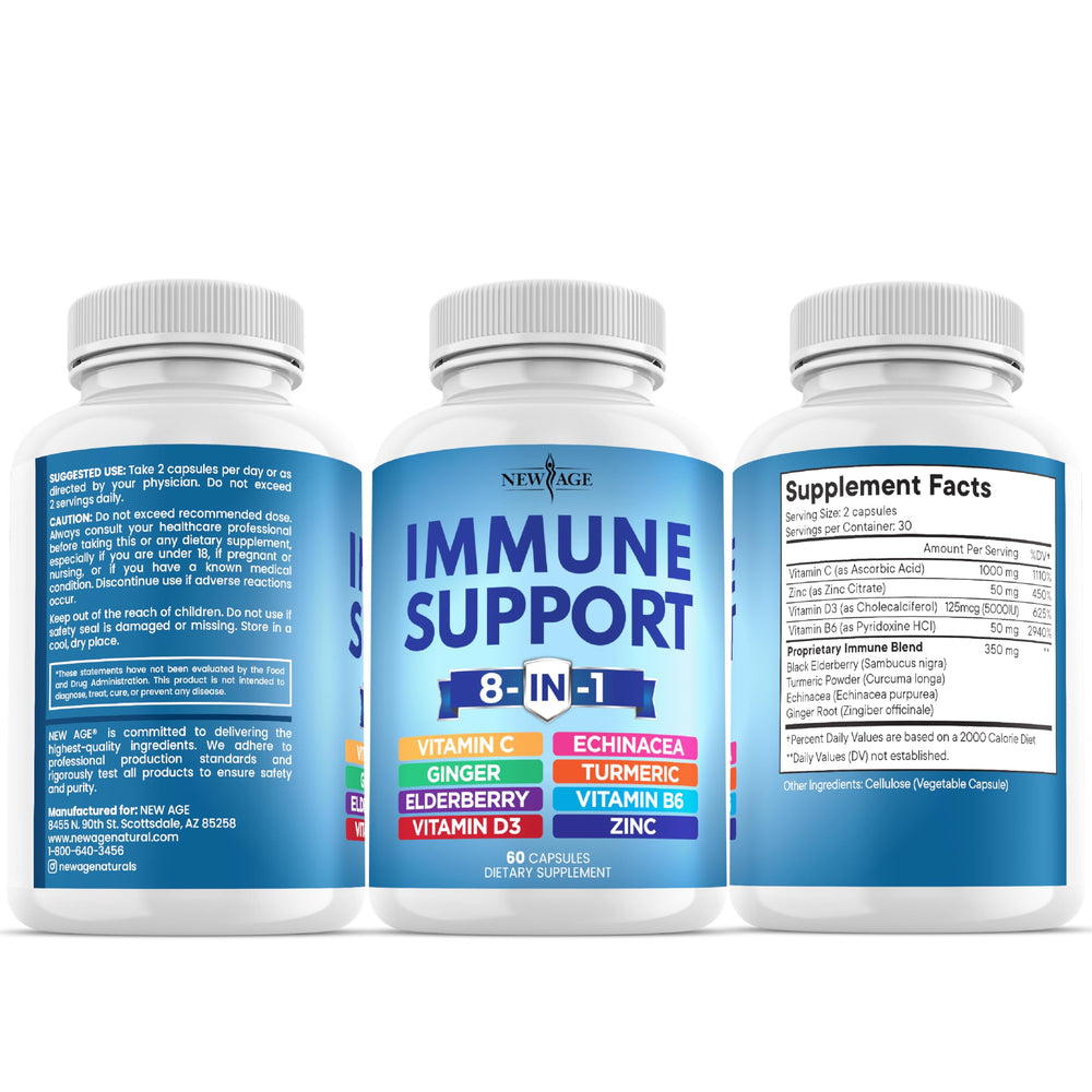 NEW AGE 8-in-1 immune elderberry blend highlights daily support.
