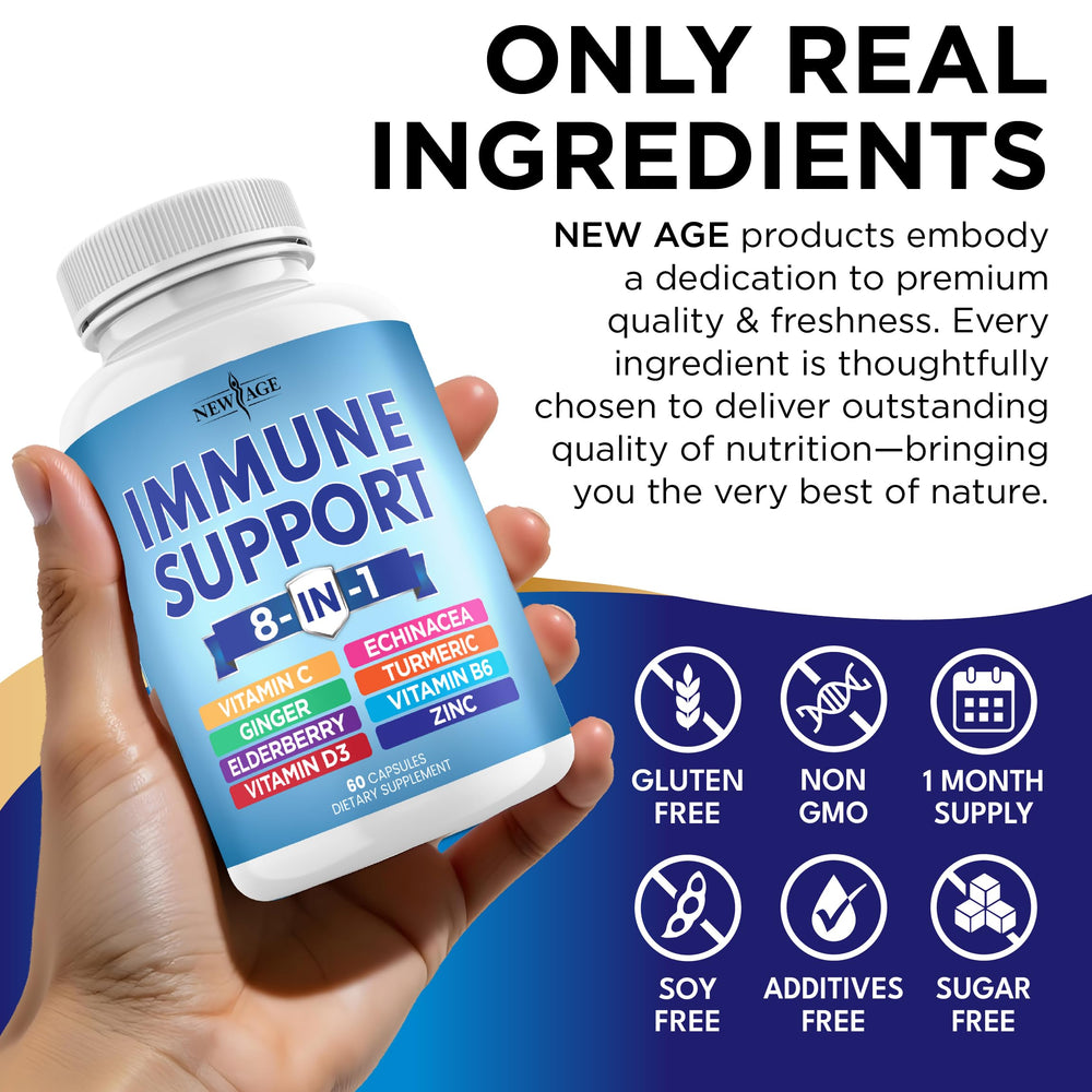 NEW AGE 8-in-1 immune label closeup emphasizes USA-made quality.
