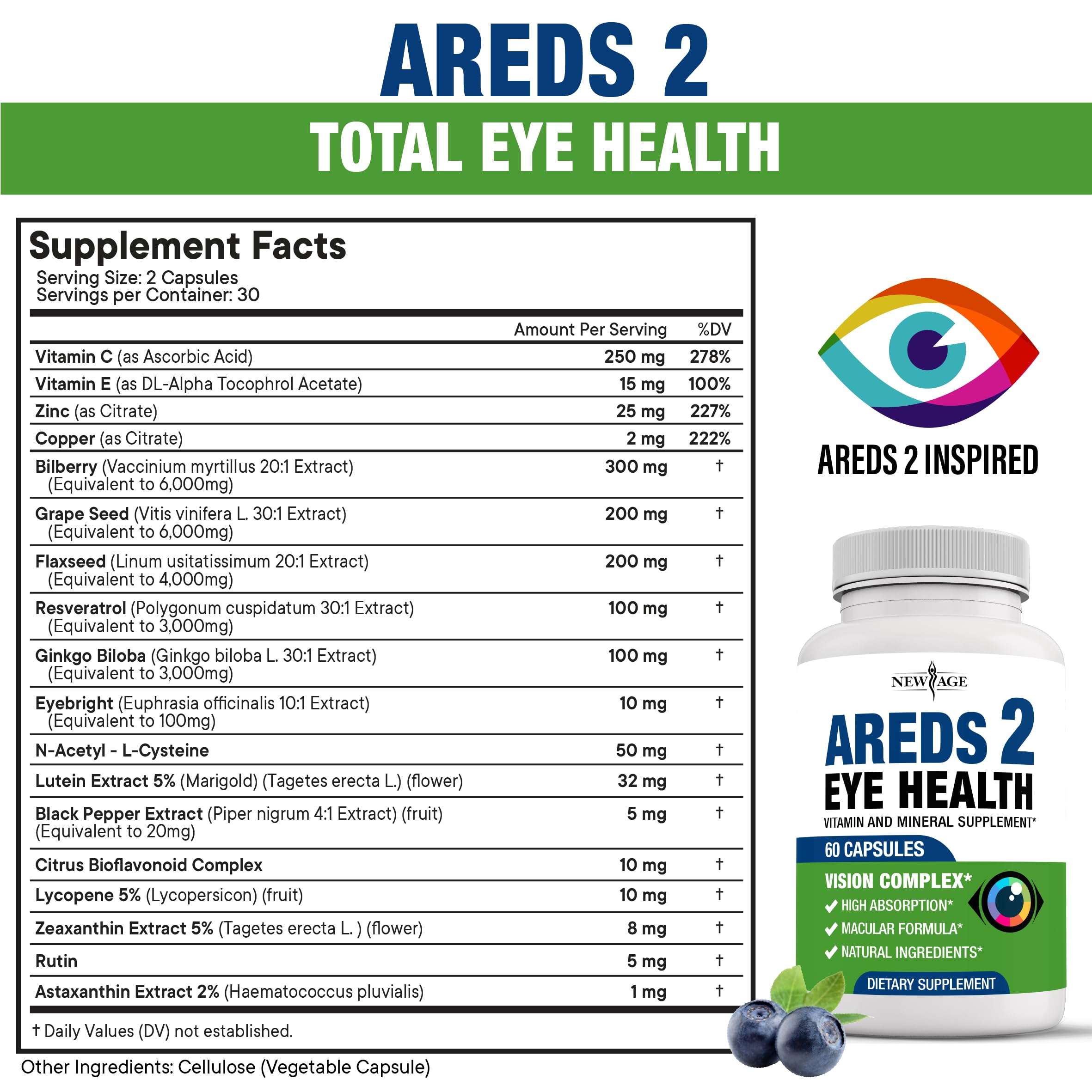 NEW AGE AREDS 2 bottle label emphasizes bilberry and grape seed ingredients for eye wellness.