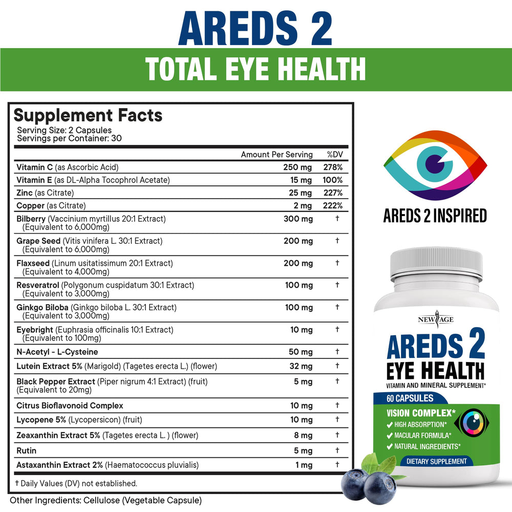 NEW AGE AREDS 2 bottle label emphasizes bilberry and grape seed ingredients for eye wellness.