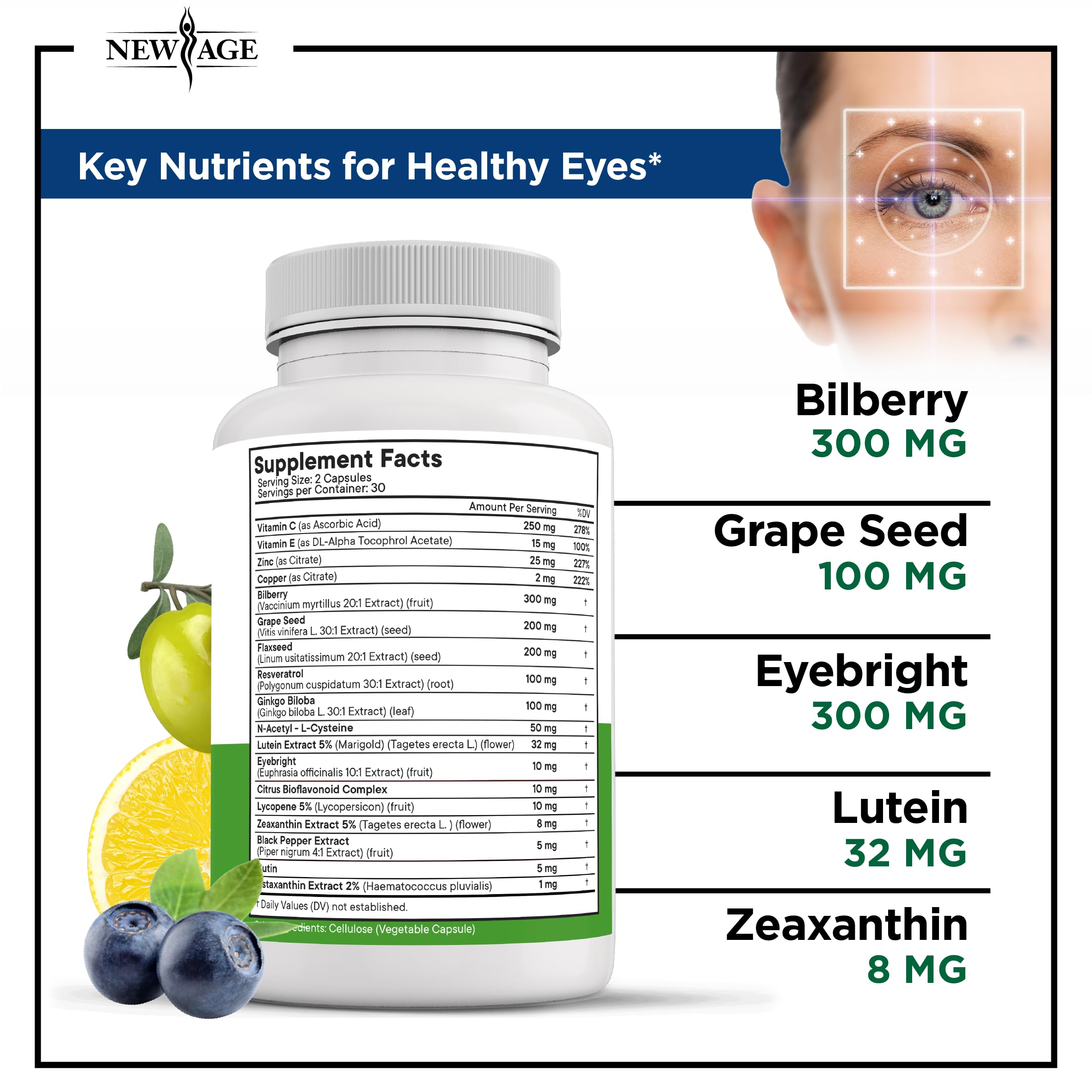 NEW AGE AREDS 2 capsules closeup highlights the nutrient-rich lutein and zeaxanthin blend.