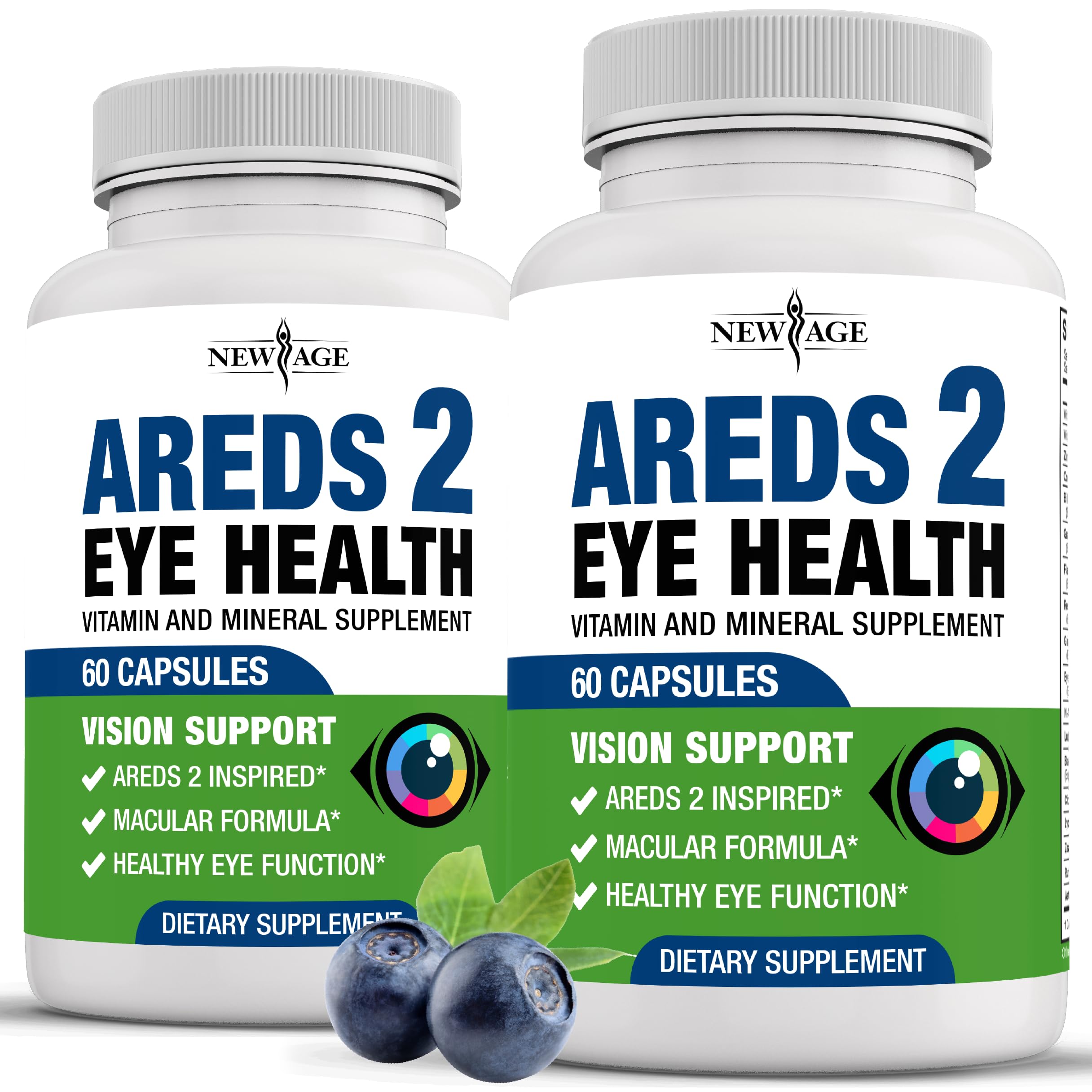 NEW AGE AREDS 2 eye vitamin bottle shows premium packaging for daily eye health support.