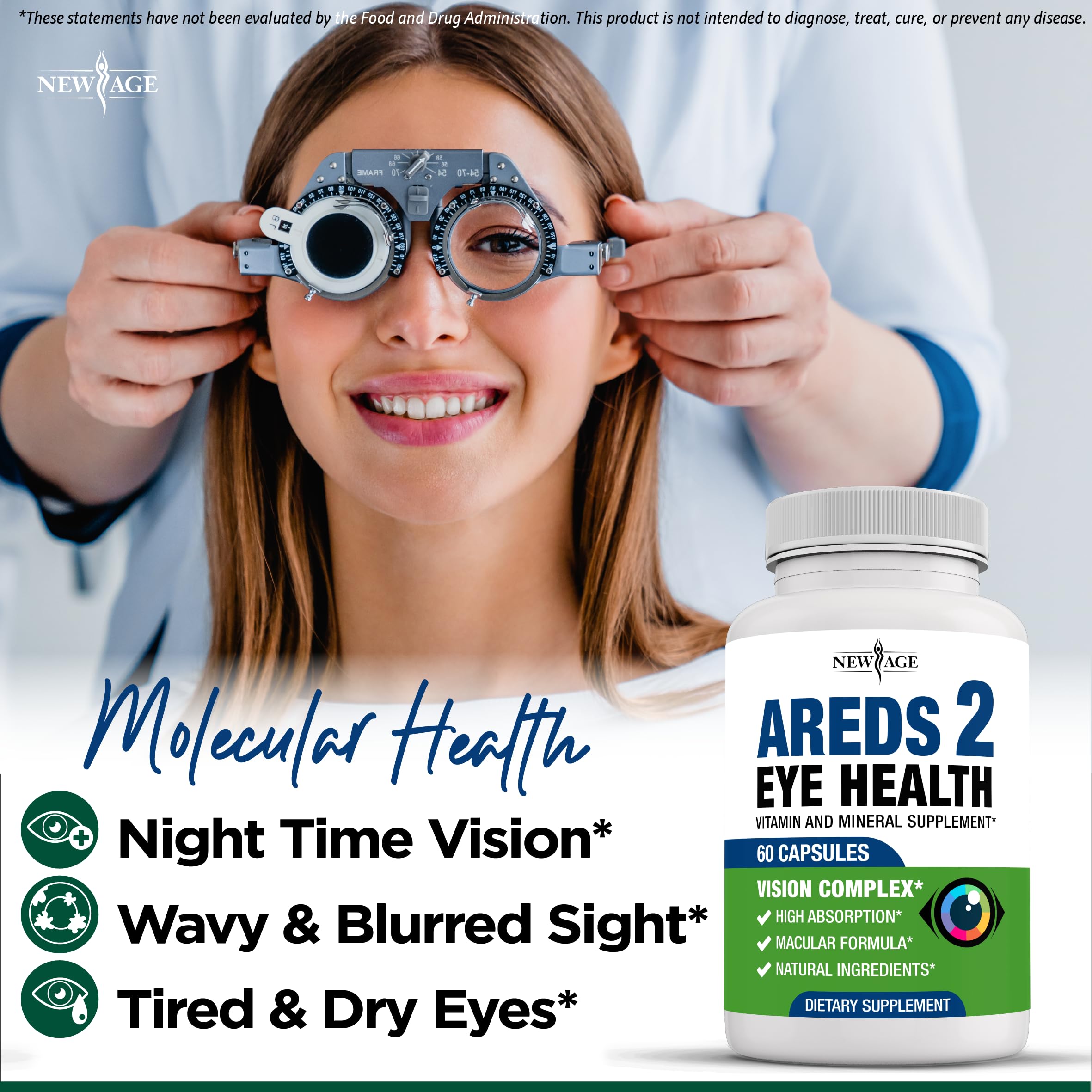 NEW AGE AREDS 2 zeaxanthin inset indicates essential pigment for visual comfort.