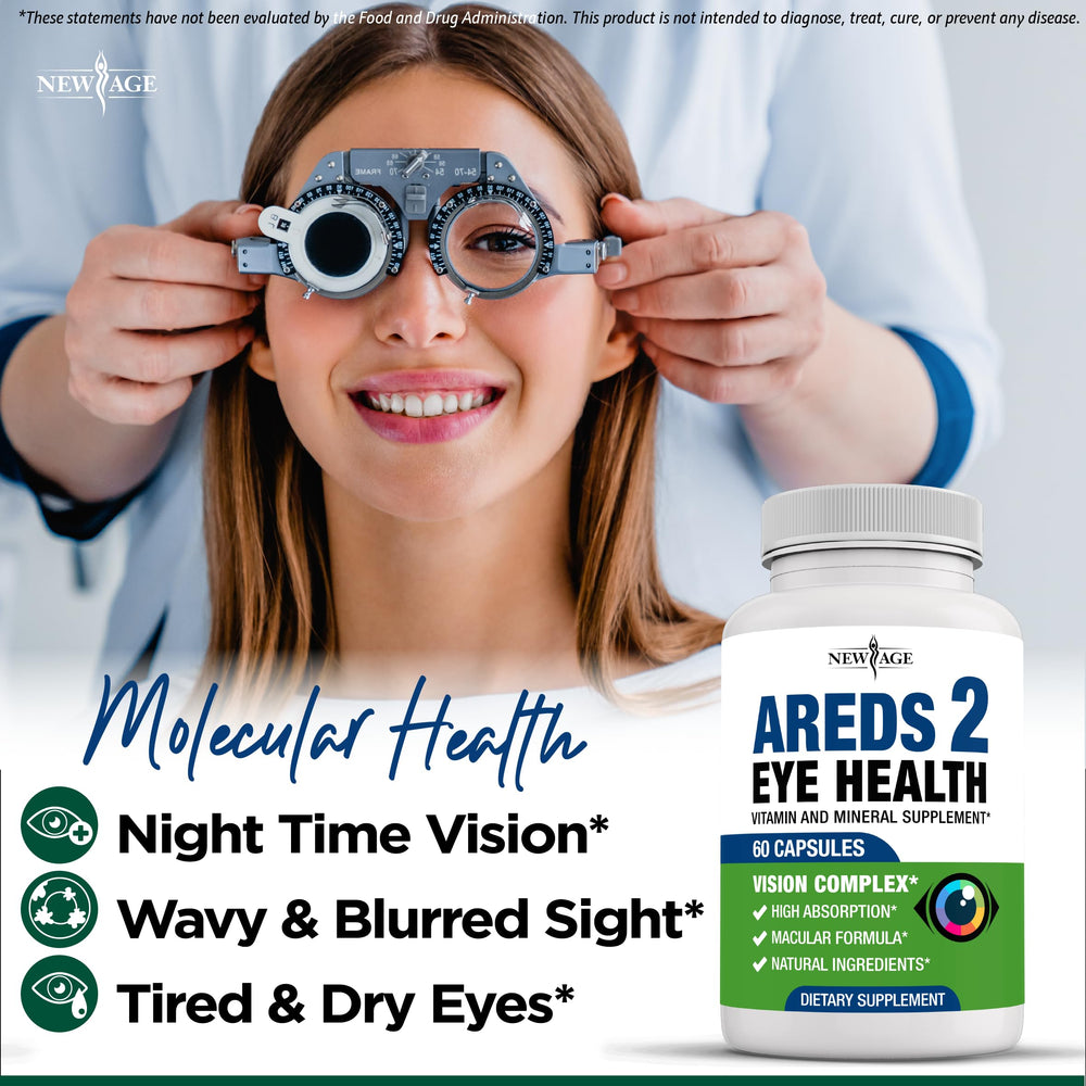 NEW AGE AREDS 2 zeaxanthin inset indicates essential pigment for visual comfort.